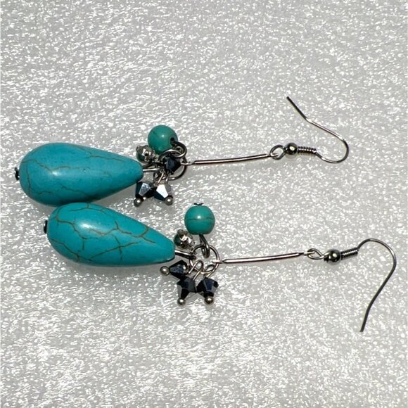 Artisan Glass Turquoise & Silver Tone Teardrop Earrings With Crystal Accents - Picture 5 of 8